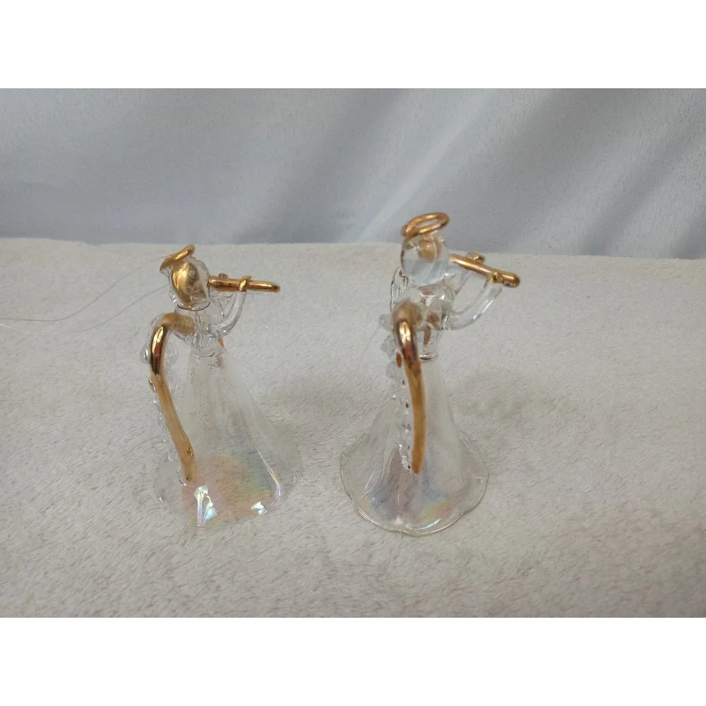 Lot of 2 Avon Glass Angel Ornaments Vintage Gold Trim Iridescent Christmas w/ Bo